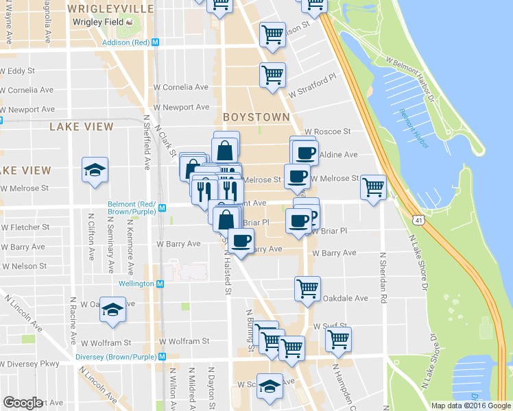 map of restaurants, bars, coffee shops, grocery stores, and more near 720-736 West Belmont Avenue in Chicago