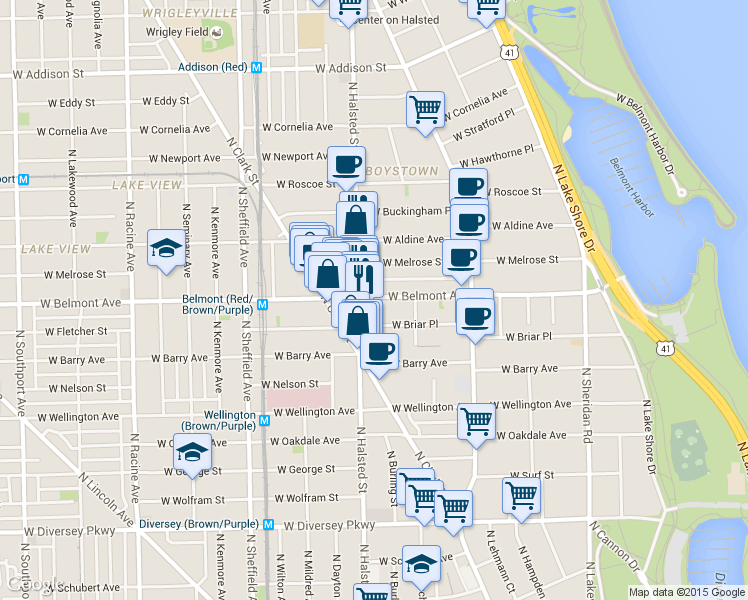 map of restaurants, bars, coffee shops, grocery stores, and more near 727 West Belmont Avenue in Chicago