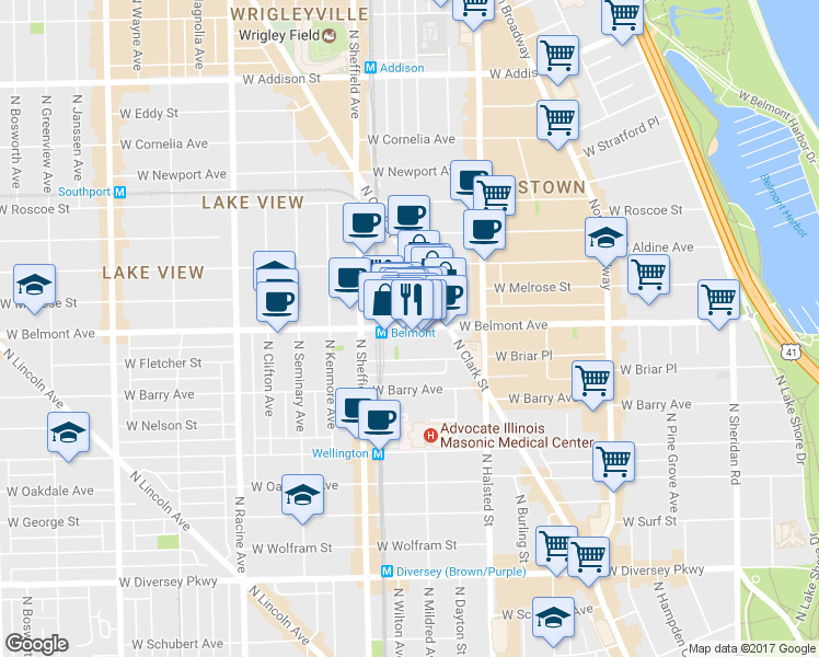 map of restaurants, bars, coffee shops, grocery stores, and more near in Chicago