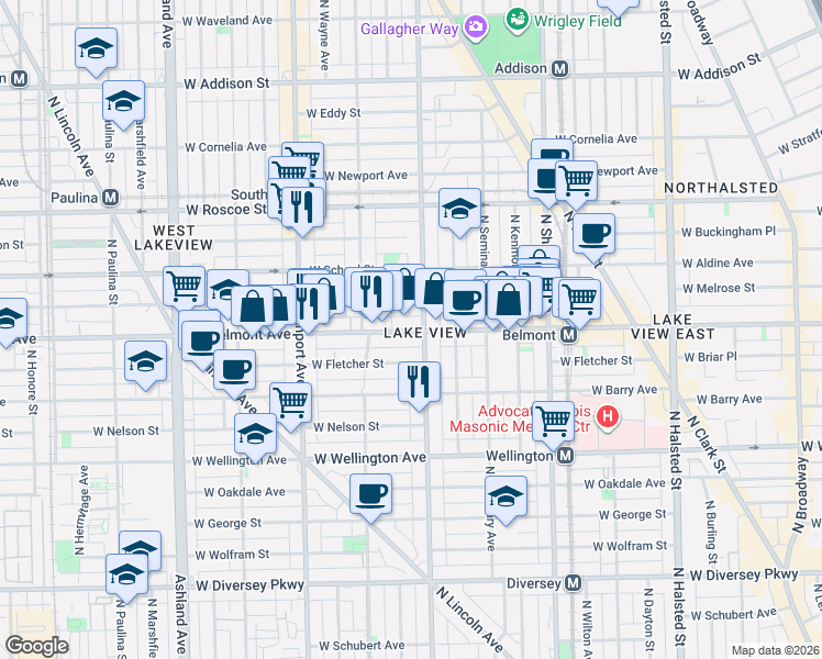 map of restaurants, bars, coffee shops, grocery stores, and more near 1222 West Belmont Avenue in Chicago