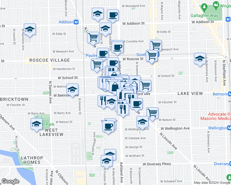 map of restaurants, bars, coffee shops, grocery stores, and more near 3213-3235 North Lincoln Avenue in Chicago