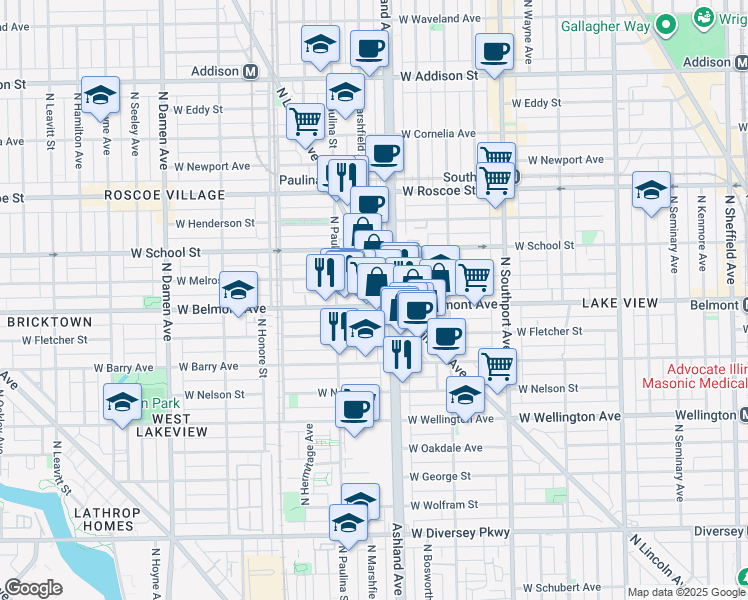 map of restaurants, bars, coffee shops, grocery stores, and more near 3213-3235 North Lincoln Avenue in Chicago