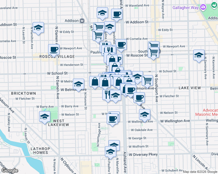 map of restaurants, bars, coffee shops, grocery stores, and more near 1642 West Belmont Avenue in Chicago