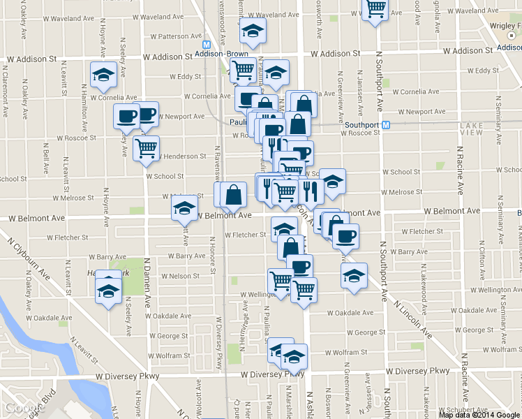 map of restaurants, bars, coffee shops, grocery stores, and more near 1720 West Belmont Avenue in Chicago