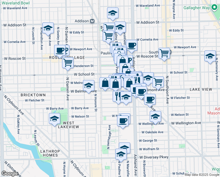 map of restaurants, bars, coffee shops, grocery stores, and more near 1720 West Belmont Avenue in Chicago