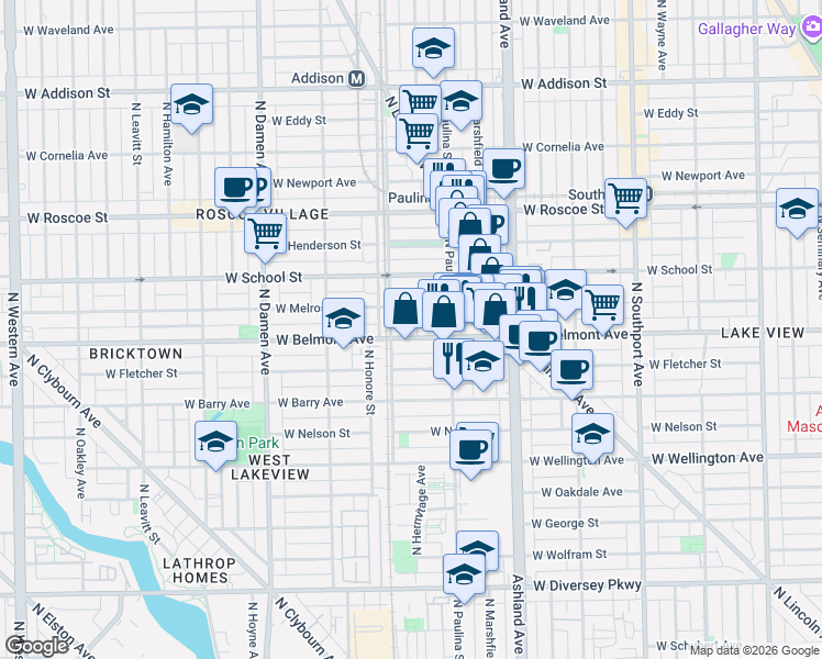 map of restaurants, bars, coffee shops, grocery stores, and more near 1720 West Belmont Avenue in Chicago