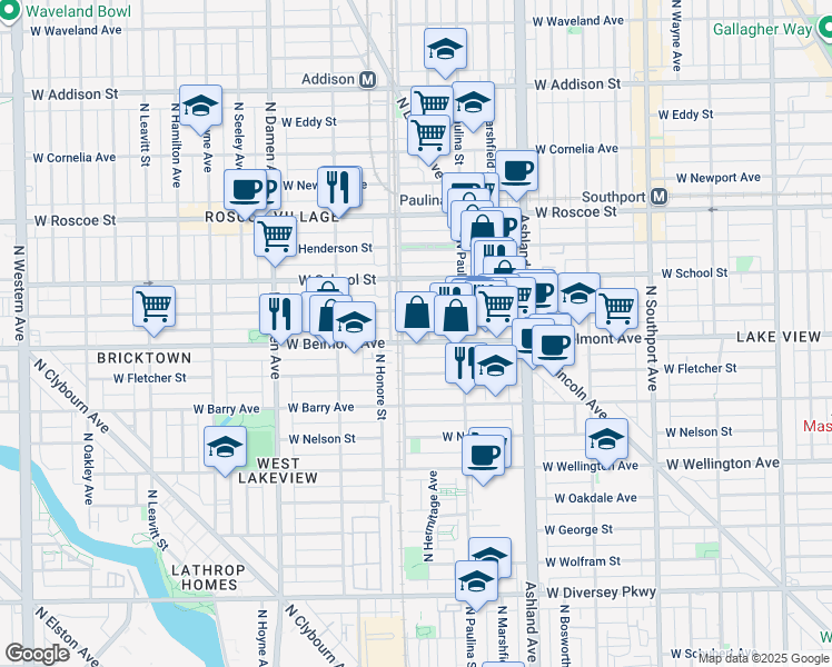 map of restaurants, bars, coffee shops, grocery stores, and more near 3201 North Ravenswood Avenue in Chicago