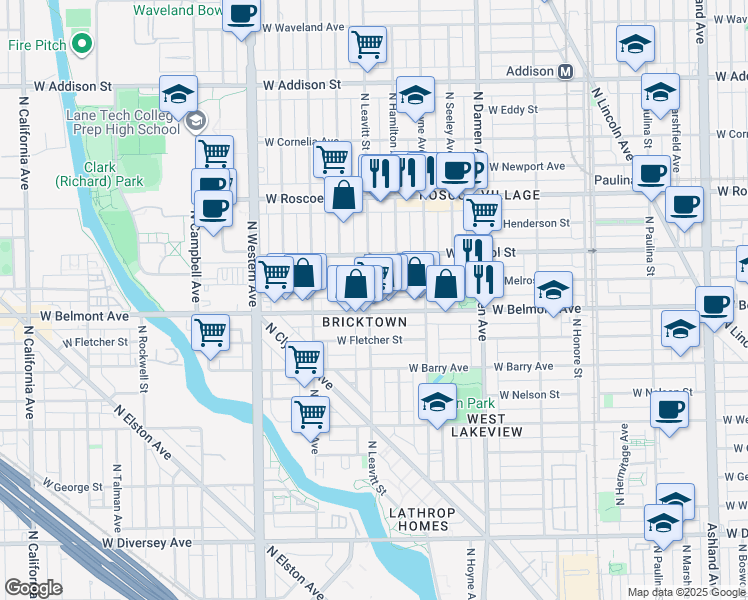 map of restaurants, bars, coffee shops, grocery stores, and more near 2143 West Melrose Street in Chicago