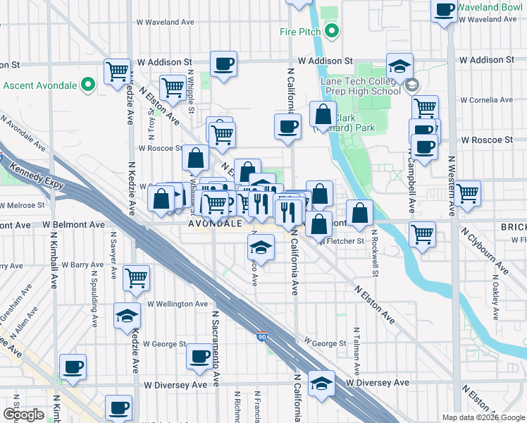 map of restaurants, bars, coffee shops, grocery stores, and more near in Chicago