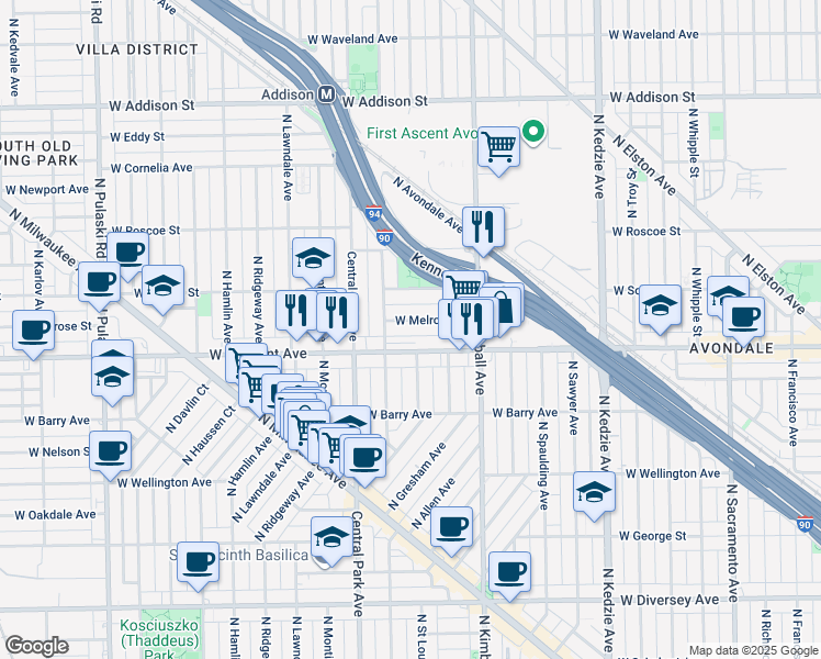 map of restaurants, bars, coffee shops, grocery stores, and more near 3523 West Melrose Street in Chicago