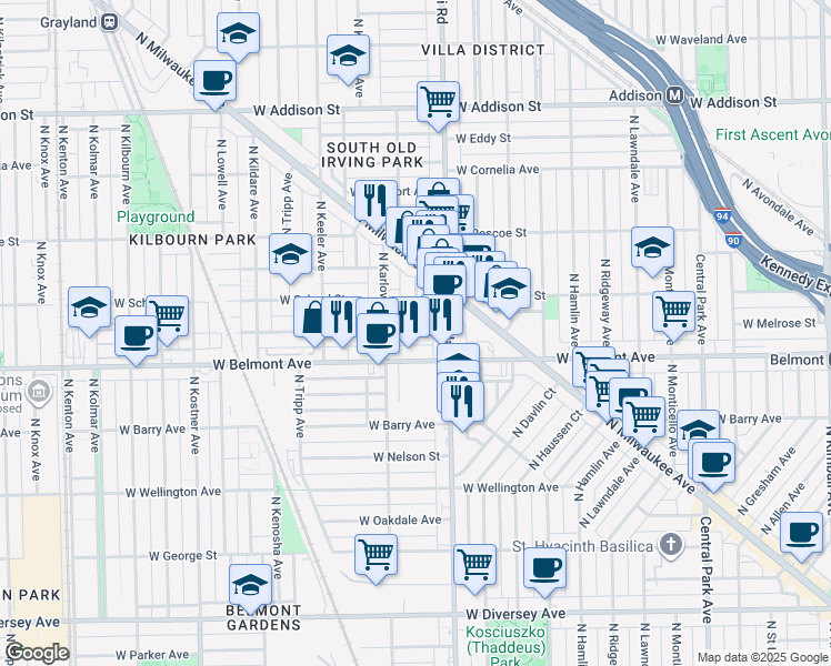 map of restaurants, bars, coffee shops, grocery stores, and more near 4047 West Melrose Street in Chicago