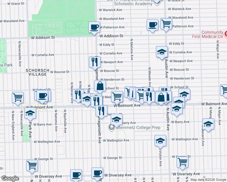 map of restaurants, bars, coffee shops, grocery stores, and more near 6323 West School Street in Chicago