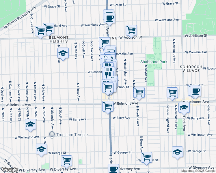 map of restaurants, bars, coffee shops, grocery stores, and more near 3302 North Harlem Avenue in Chicago