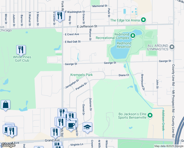map of restaurants, bars, coffee shops, grocery stores, and more near 205 Jacquelyn Drive in Bensenville