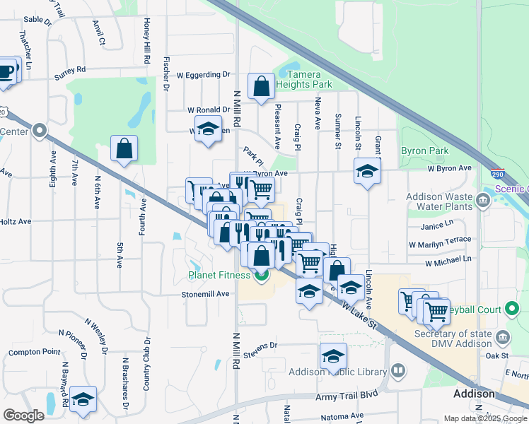 map of restaurants, bars, coffee shops, grocery stores, and more near South Mill Road in Addison