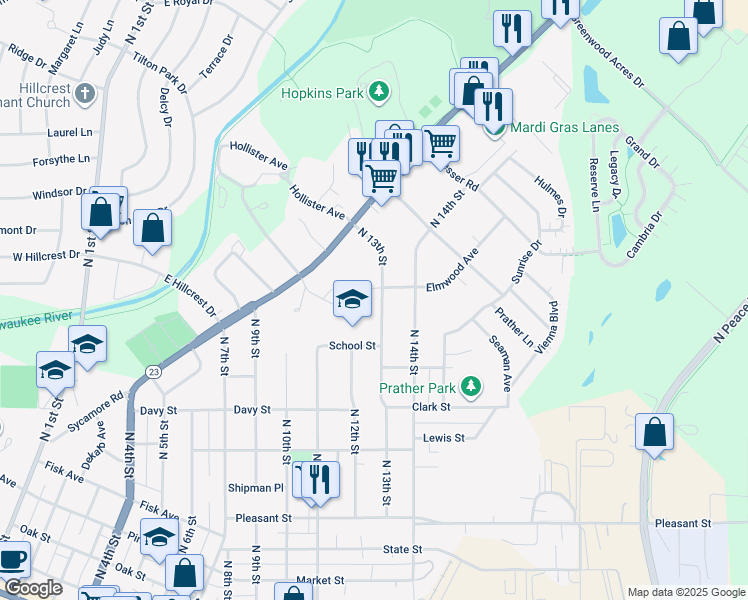map of restaurants, bars, coffee shops, grocery stores, and more near 1120 North 13th Street in DeKalb