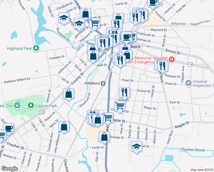map of restaurants, bars, coffee shops, grocery stores, and more near 133 South Main Street in Attleboro