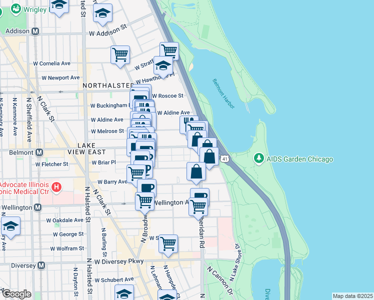 map of restaurants, bars, coffee shops, grocery stores, and more near 425 West Belmont Avenue in Chicago
