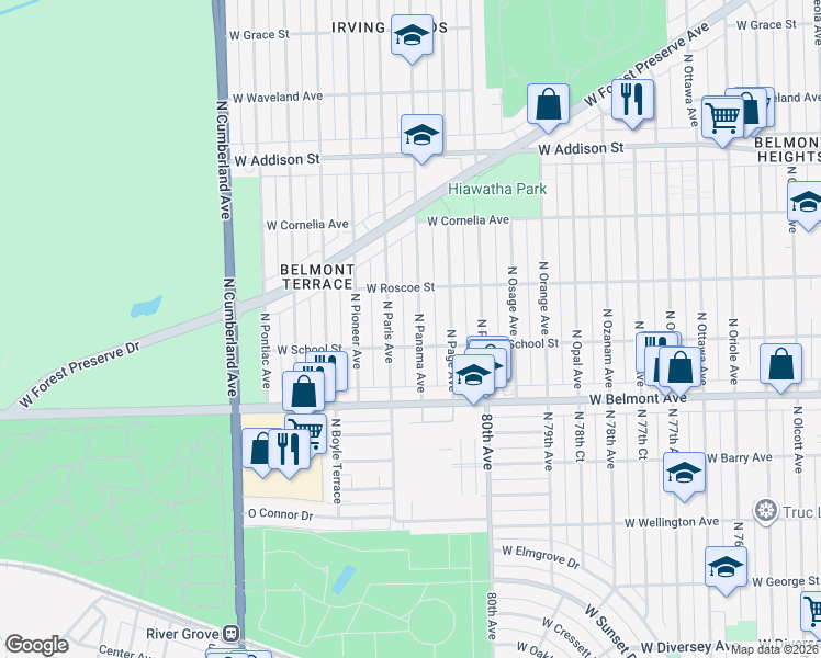 map of restaurants, bars, coffee shops, grocery stores, and more near 3323 North Paris Avenue in Chicago