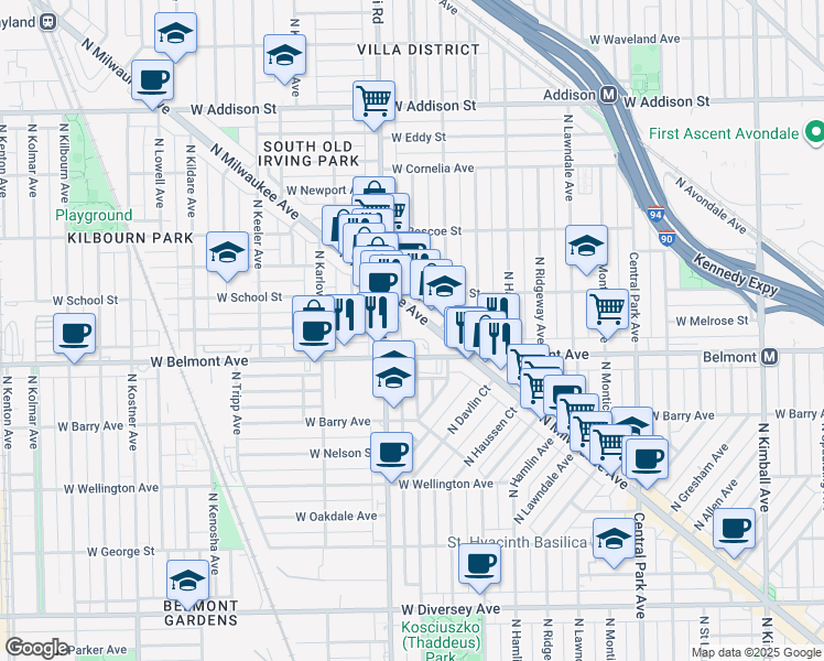 map of restaurants, bars, coffee shops, grocery stores, and more near 3256 North Milwaukee Avenue in Chicago