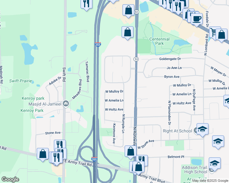 map of restaurants, bars, coffee shops, grocery stores, and more near 1836 West Mulloy Drive in Addison