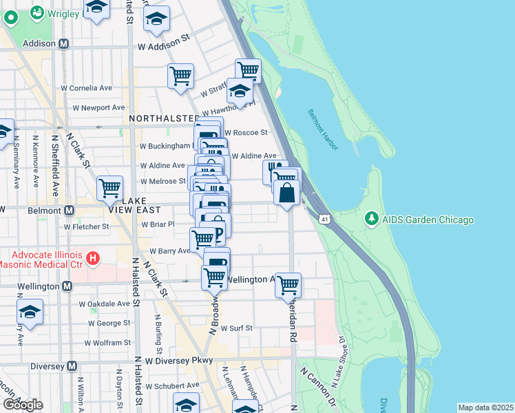 map of restaurants, bars, coffee shops, grocery stores, and more near 457 West Belmont Avenue in Chicago
