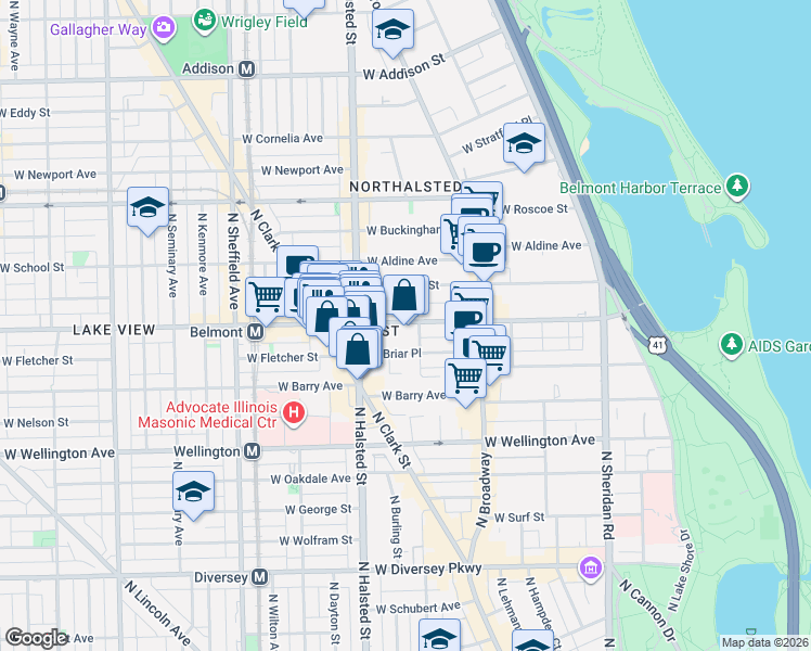 map of restaurants, bars, coffee shops, grocery stores, and more near 727 West Belmont Avenue in Chicago