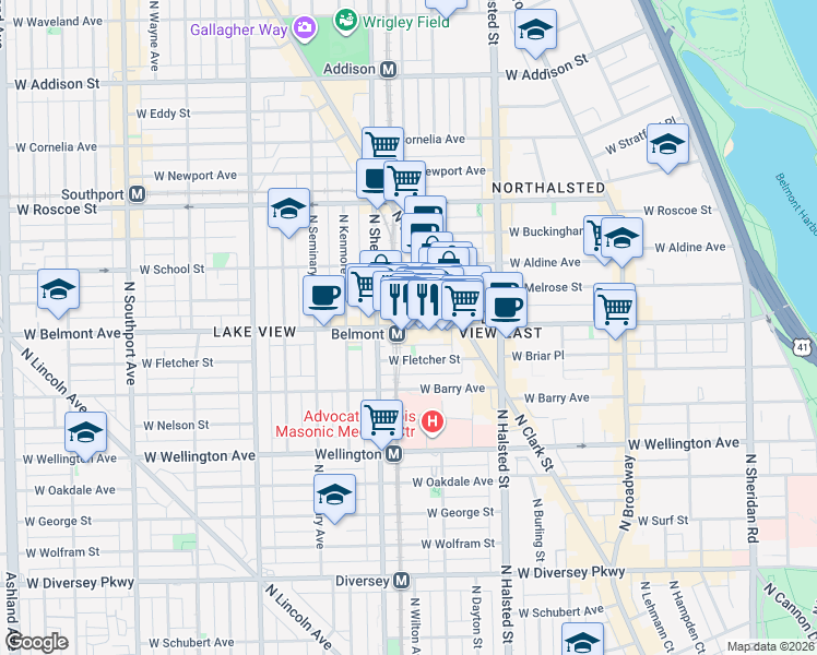 map of restaurants, bars, coffee shops, grocery stores, and more near W Belmont Ave & N Wilton Ave in Chicago