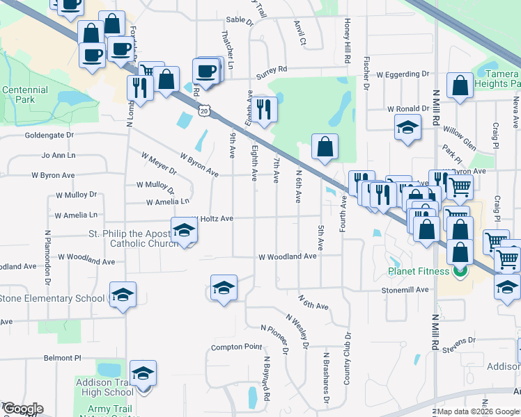 map of restaurants, bars, coffee shops, grocery stores, and more near 713 Eighth Avenue in Addison