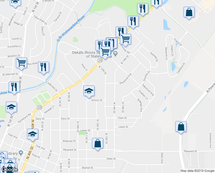 map of restaurants, bars, coffee shops, grocery stores, and more near 1120 North 13th Street in DeKalb