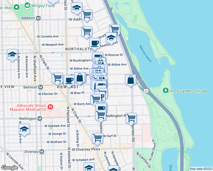 map of restaurants, bars, coffee shops, grocery stores, and more near 535 West Belmont Avenue in Chicago