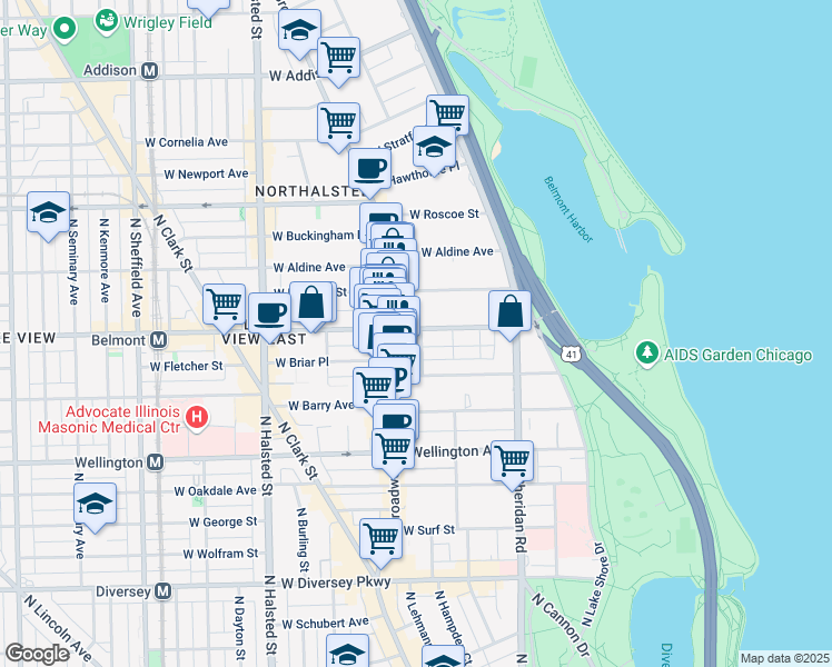 map of restaurants, bars, coffee shops, grocery stores, and more near 537 West Belmont Avenue in Chicago