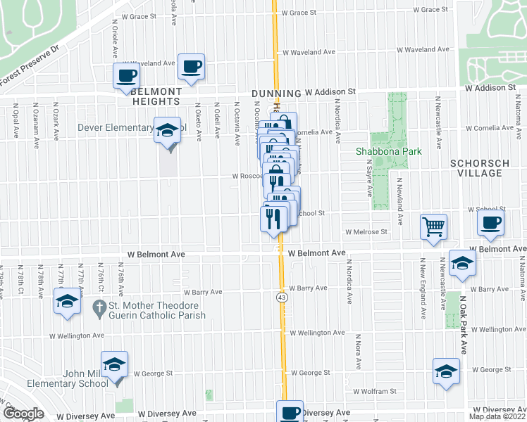 map of restaurants, bars, coffee shops, grocery stores, and more near 3301 North Oconto Avenue in Chicago