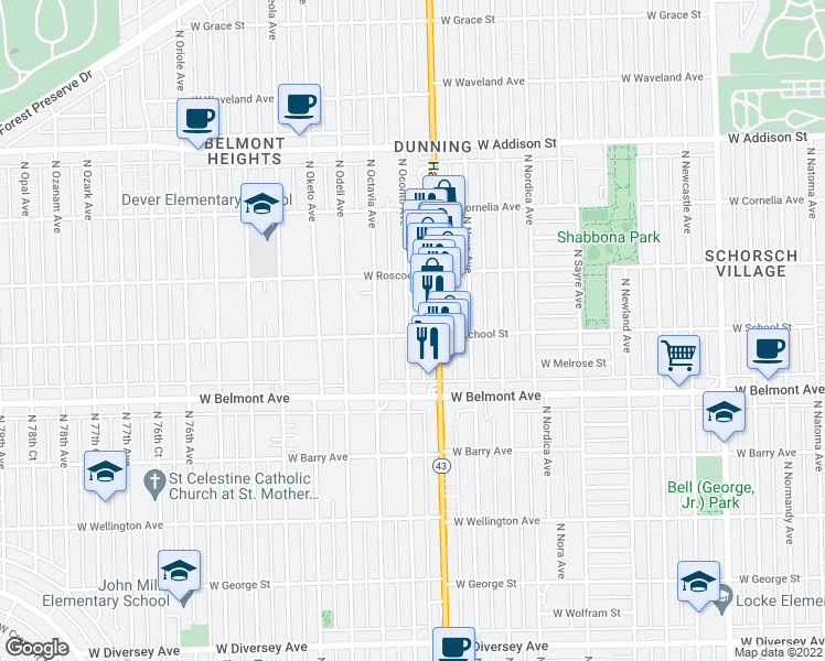 map of restaurants, bars, coffee shops, grocery stores, and more near 3301 North Oconto Avenue in Chicago