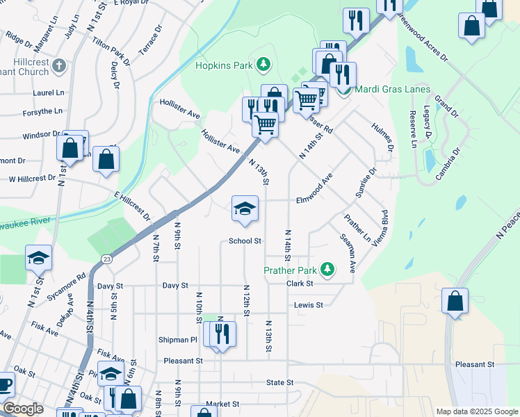 map of restaurants, bars, coffee shops, grocery stores, and more near 1120 North 13th Street in DeKalb