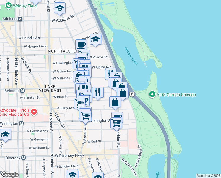 map of restaurants, bars, coffee shops, grocery stores, and more near 425 West Belmont Avenue in Chicago