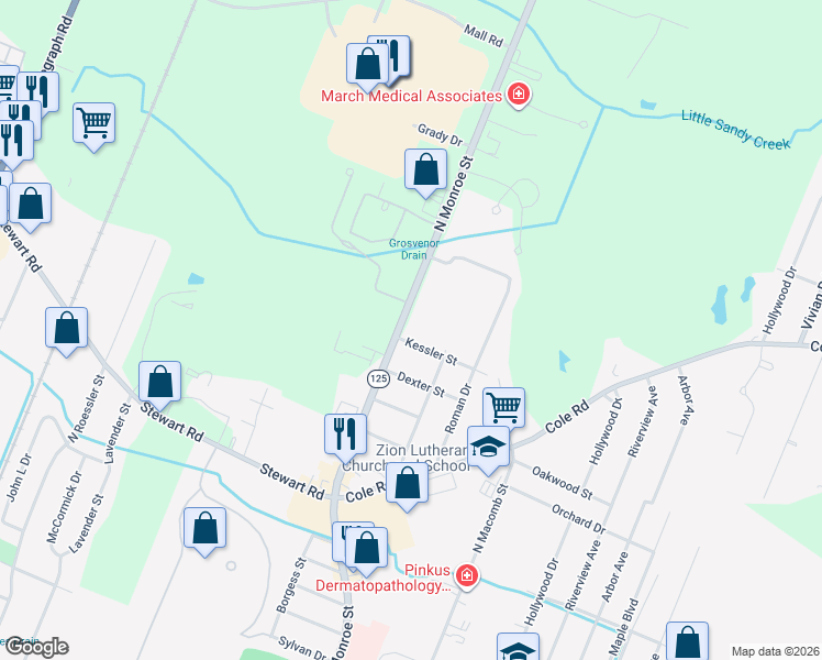map of restaurants, bars, coffee shops, grocery stores, and more near 1728 North Monroe Street in Monroe