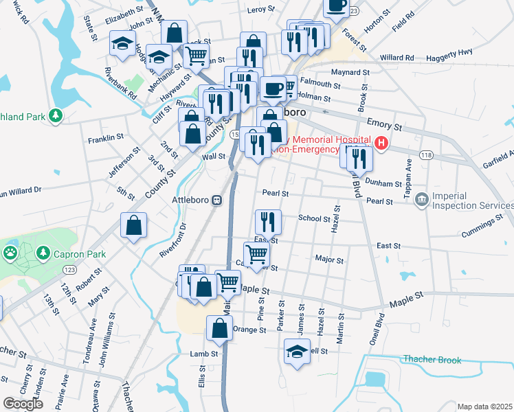 map of restaurants, bars, coffee shops, grocery stores, and more near 130 Union Street in Attleboro