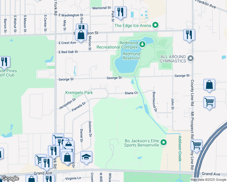 map of restaurants, bars, coffee shops, grocery stores, and more near 312 Gloria Jean Drive in Bensenville