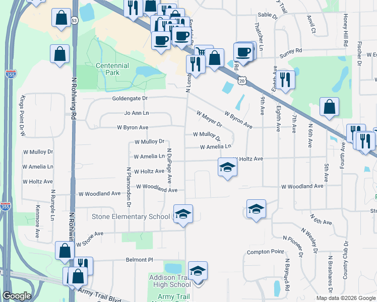 map of restaurants, bars, coffee shops, grocery stores, and more near 1343 West Amelia Lane in Addison