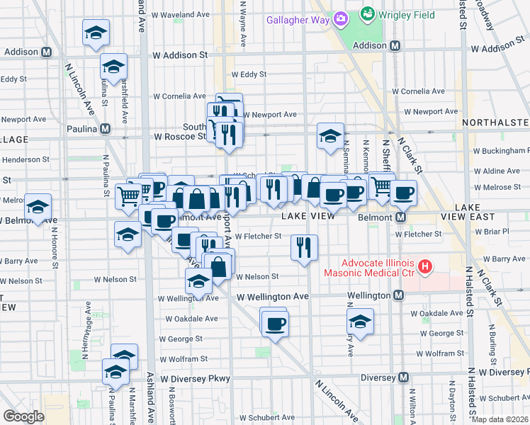 map of restaurants, bars, coffee shops, grocery stores, and more near 3208 North Lakewood Avenue in Chicago
