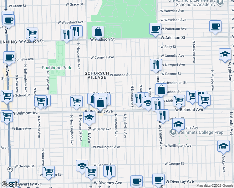 map of restaurants, bars, coffee shops, grocery stores, and more near 6622 West School Street in Chicago