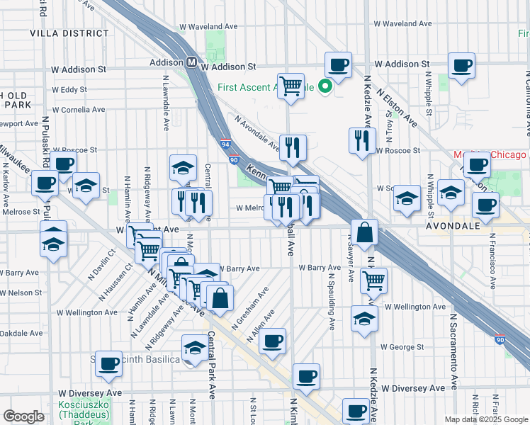 map of restaurants, bars, coffee shops, grocery stores, and more near 3435 West Melrose Street in Chicago