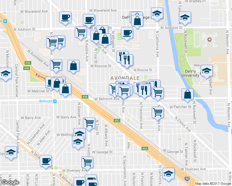 map of restaurants, bars, coffee shops, grocery stores, and more near 3219 North Whipple Street in Chicago