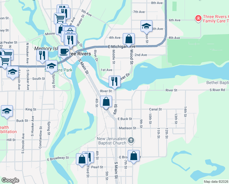 map of restaurants, bars, coffee shops, grocery stores, and more near 403 6th St in Three Rivers