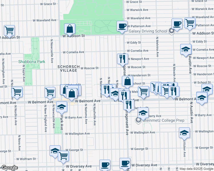 map of restaurants, bars, coffee shops, grocery stores, and more near 6501 West School Street in Chicago