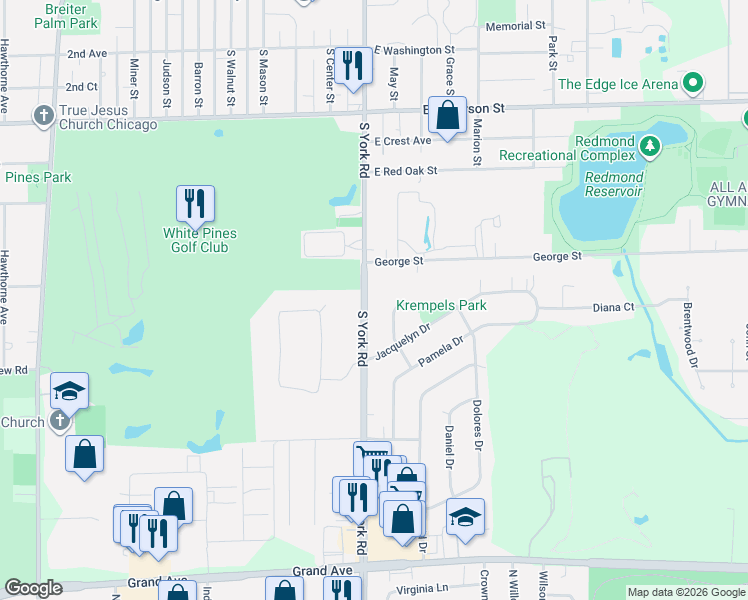 map of restaurants, bars, coffee shops, grocery stores, and more near 727 South York Road in Bensenville