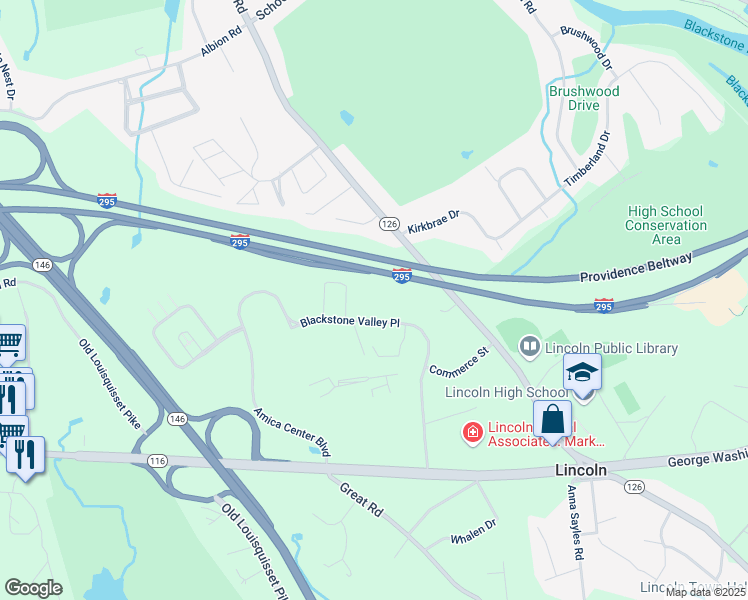 map of restaurants, bars, coffee shops, grocery stores, and more near 14 Blackstone Valley Place in Lincoln