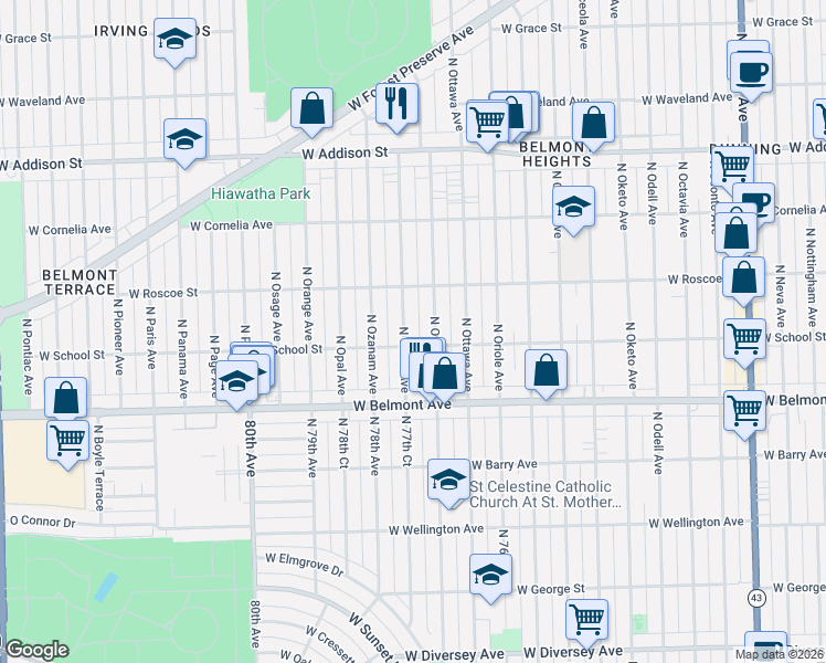 map of restaurants, bars, coffee shops, grocery stores, and more near 3314 North Ozark Avenue in Chicago