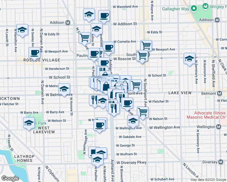 map of restaurants, bars, coffee shops, grocery stores, and more near 3213 North Lincoln Avenue in Chicago